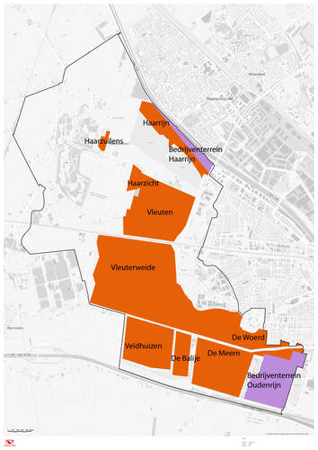 kaart met woongebieden Vleuten, Vleuterweide, Haarzicht, Haarzuilens, Haarrijn, De Meern, De Woerd, De Balije en Veldhuizen, en bedrijventerreinen Haarrijn en Oudenrijn.