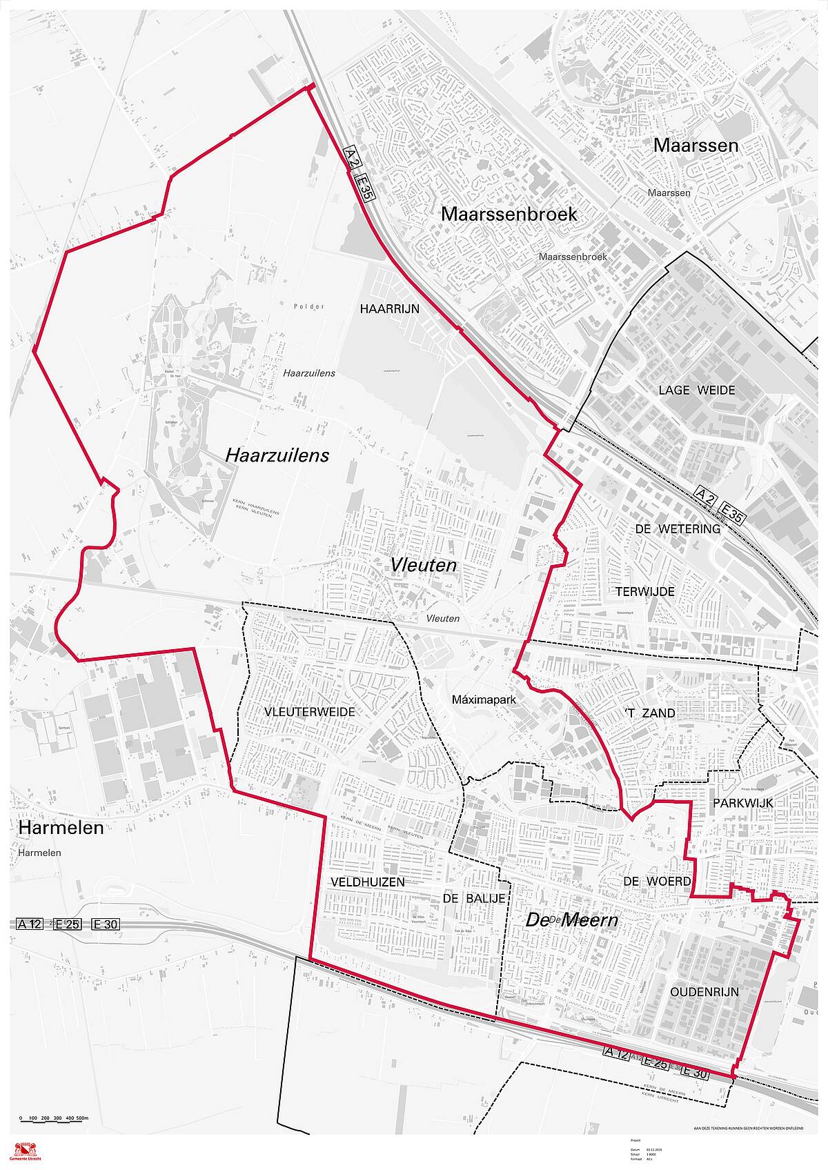 Kaart waarop het plangebied is aangegeven: De Meern, De Balije en Veldhuizen, Vleuterweide, Vleuten, Haarzuilens inclusief het buitengebied eromheen