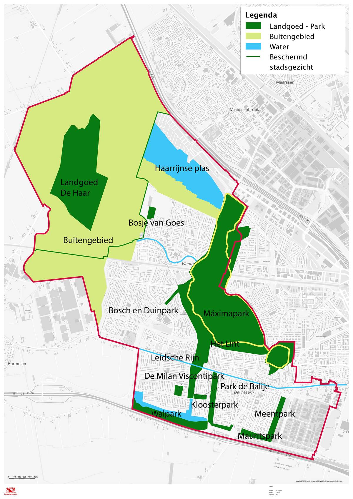 kaart met de ligging van landgoed De Haar en het landelijke buitengebied eromheen, het Máximapark met het lint dat erin ligt, de Haarrijnseplas, het bosje van Goes, de leisdche rijn en verschillende parken in Veldhuizen, de Balije en De Meern.