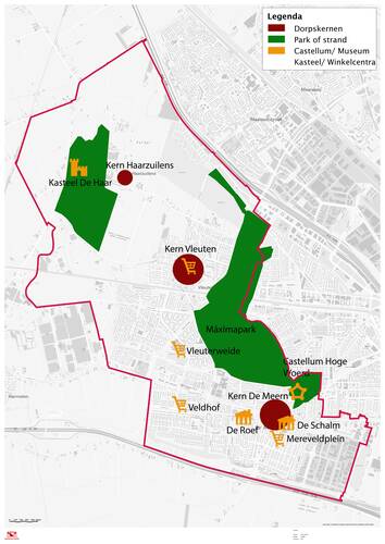 kaart met de ligging van dorpskernen Haarzuilens, Vleuten en de Meern, de winkelcentra in Vleuten, Vleuterweide, de Veldhof en Mereveldplein, en andere ontmoetingsplaatsen zoals kasteel de haar, Máximapark, De Roef, De Schalm en Castellum Hoge Woerd. 