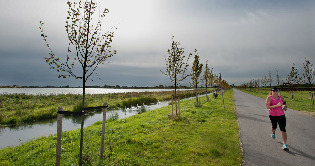 lang en recht pad met een hardloopster, op de achtergrond vergezichten over een plas