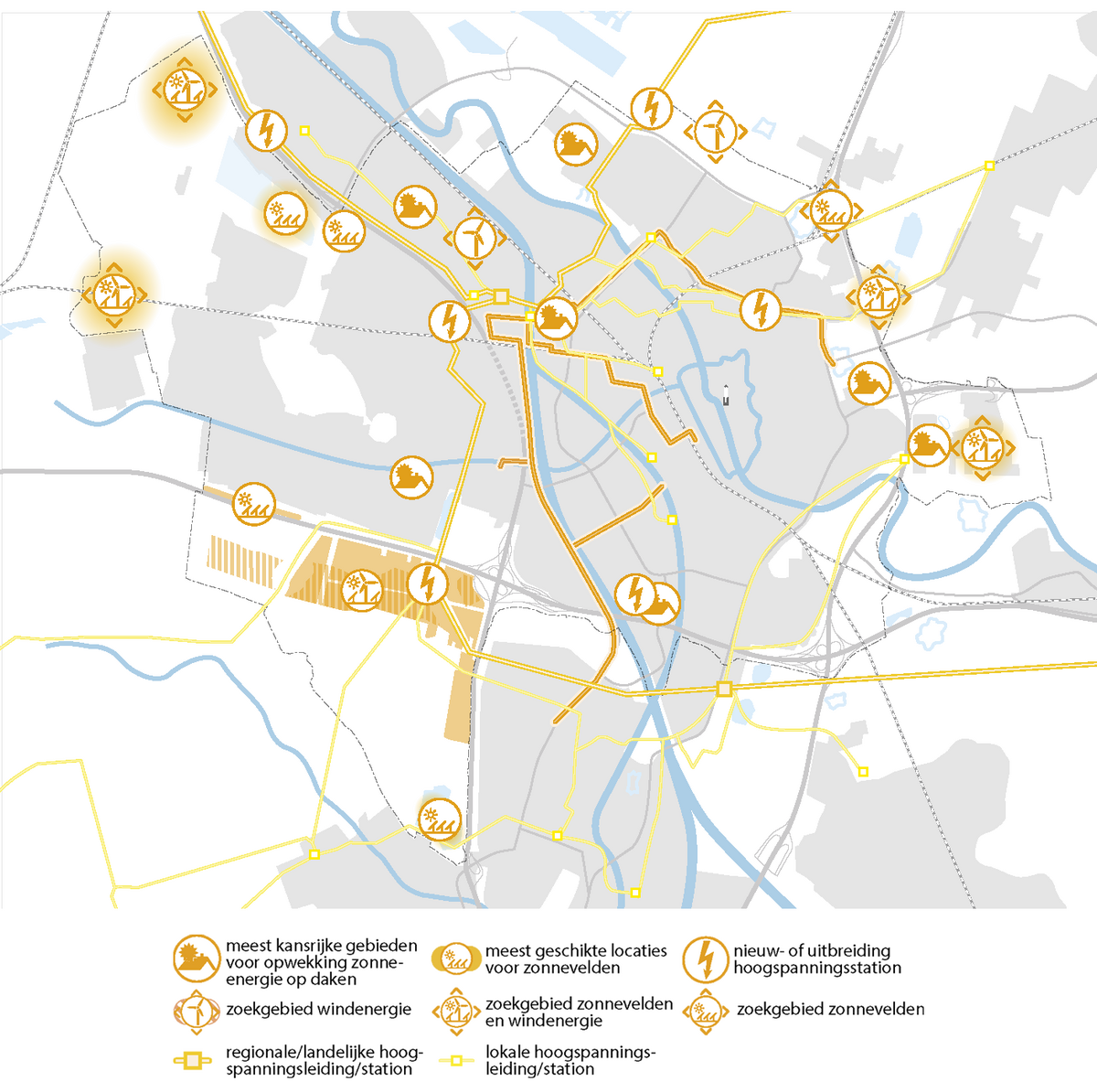 vergroot kaart met daarop kansrijke gebieden/zoeklocaties voor: zonne-energie op daken (bedrijventerreinen, usp, rijnsweerd), windenergie (lage weide, noorderpark), wind- en zonne-energie (rijnenbrug, bijleveld, usp, biltse rading), zonnevelden (haarrijnse plas, a12 bij veldhuizen, nedereindse plas, knooppunt blauwkapel)