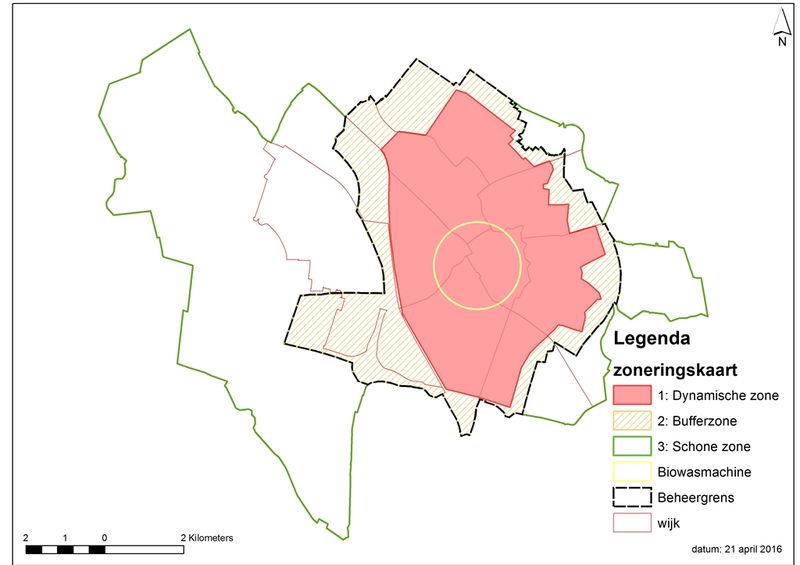 Kaart met: dynamische zone omvat heel Utrecht-stad, daaromheen een bufferzone, daarbuiten de schone zone waaronder Leidsche Rijn en Vleuten De Meern (behalve Oudenrijn), de Uithof en Lunetten. Het centrum ligt binnen de zone van een biowasmachine.